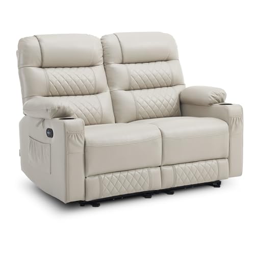 MCombo Power Loveseat Recliner, Electric Reclining Loveseat Sofa with Heat and Vibration, Cup Holders, USB Charge Port, Faux Leather Reclining Sofa for Living Room PR622 (Light Grey)