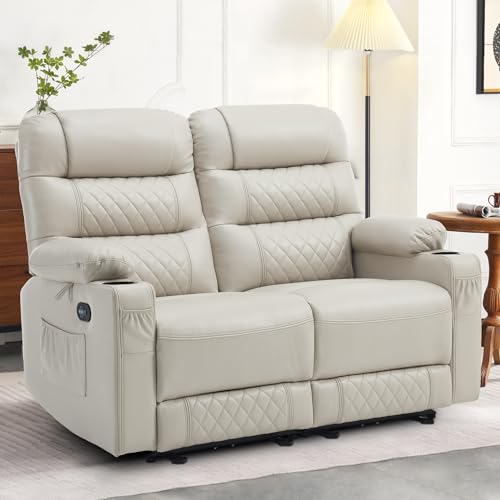 MCombo Power Loveseat Recliner, Electric Reclining Loveseat Sofa with Heat and Vibration, Cup Holders, USB Charge Port, Faux Leather Reclining Sofa for Living Room PR622 (Light Grey)