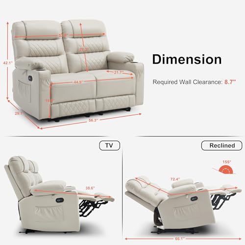 MCombo Power Loveseat Recliner, Electric Reclining Loveseat Sofa with Heat and Vibration, Cup Holders, USB Charge Port, Faux Leather Reclining Sofa for Living Room PR622 (Light Grey)