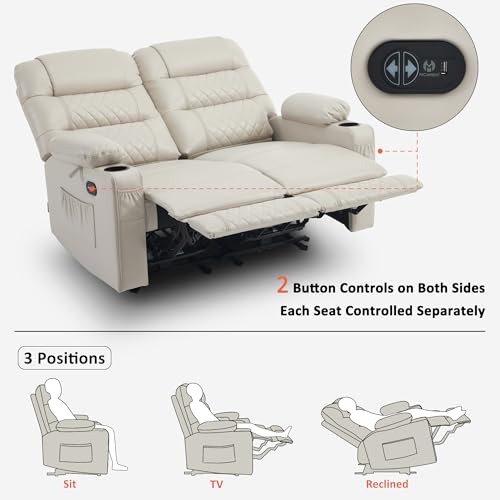 MCombo Power Loveseat Recliner, Electric Reclining Loveseat Sofa with Heat and Vibration, Cup Holders, USB Charge Port, Faux Leather Reclining Sofa for Living Room PR622 (Light Grey)