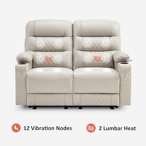 MCombo Power Loveseat Recliner, Electric Reclining Loveseat Sofa with Heat and Vibration, Cup Holders, USB Charge Port, Faux Leather Reclining Sofa for Living Room PR622 (Light Grey)