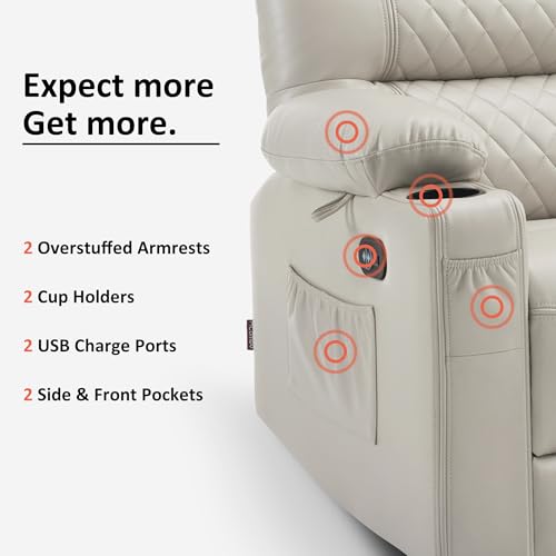 MCombo Power Loveseat Recliner, Electric Reclining Loveseat Sofa with Heat and Vibration, Cup Holders, USB Charge Port, Faux Leather Reclining Sofa for Living Room PR622 (Light Grey)