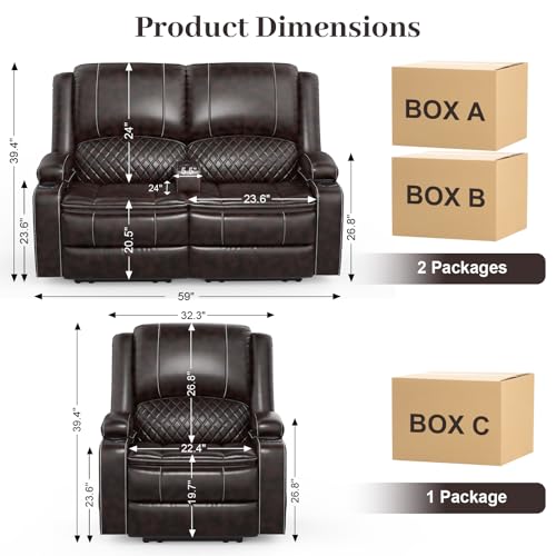 Yolsali Loveseat Recliner Sofa Set with 2-Tier Cushion, 2+1 Pieces in Living Room, 2 Seater Reclining Loveseat Leather with Removable Console, 1 Oversize Recliner Chair Sofa Seat