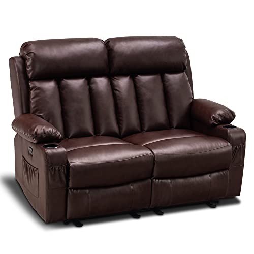 MCombo Power Loveseat Recliner, Electric Reclining Loveseat Sofa with Heat and Vibration, Cup Holders, USB Charge Port for Living Room 6075 Faux Leather (Loveseat Recliner, Dark Brown)