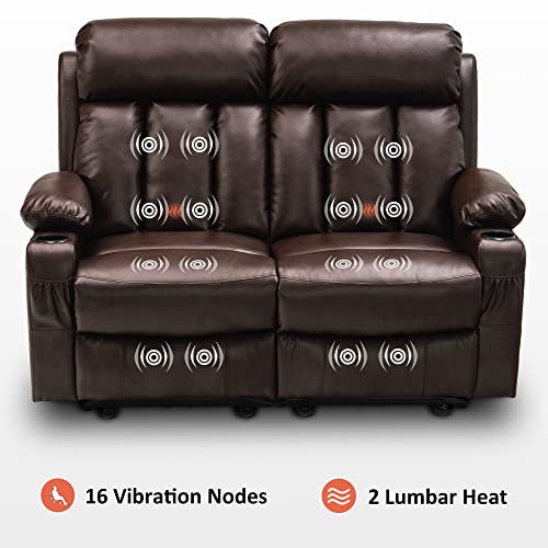 MCombo Power Loveseat Recliner, Electric Reclining Loveseat Sofa with Heat and Vibration, Cup Holders, USB Charge Port for Living Room 6075 Faux Leather (Loveseat Recliner, Dark Brown)