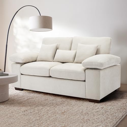 Chenille Loveseat Sofa Couch 73", Love Seat Couch Sofa with Removable Back Seat Cushions, Upholstered Living Room Sofa with 2 Throw Pillows 1 Lumbar Pillow, Sofa for Small Space Apartment Lounge-Beige