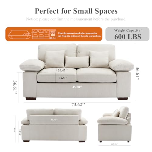 Chenille Loveseat Sofa Couch 73", Love Seat Couch Sofa with Removable Back Seat Cushions, Upholstered Living Room Sofa with 2 Throw Pillows 1 Lumbar Pillow, Sofa for Small Space Apartment Lounge-Beige