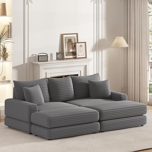 Yoglad Corduroy Fabric Modular Sectional Sofa,Cloud Loveseat,Comfy Deep Plush Couch with Ottomans and Toss Pillows,for Small Spaces, Living Room,Bedroom, Office(Grey)