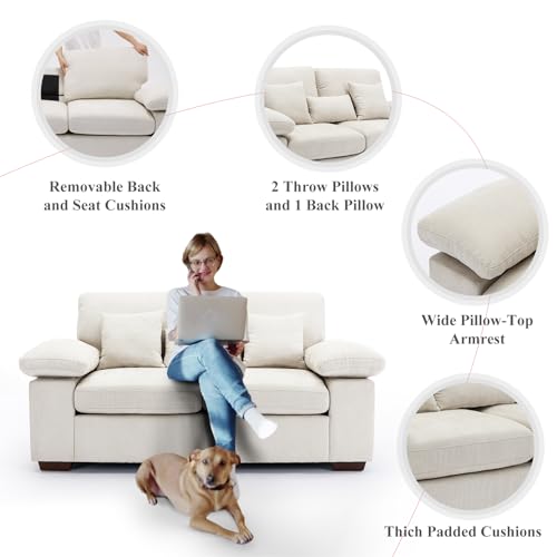 Chenille Loveseat Sofa Couch 73", Love Seat Couch Sofa with Removable Back Seat Cushions, Upholstered Living Room Sofa with 2 Throw Pillows 1 Lumbar Pillow, Sofa for Small Space Apartment Lounge-Beige
