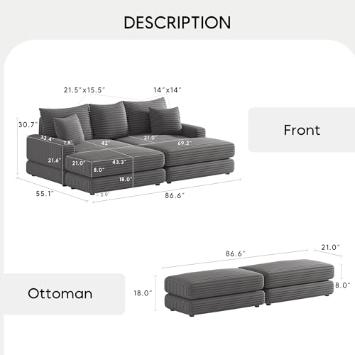 Yoglad Corduroy Fabric Modular Sectional Sofa,Cloud Loveseat,Comfy Deep Plush Couch with Ottomans and Toss Pillows,for Small Spaces, Living Room,Bedroom, Office(Grey)