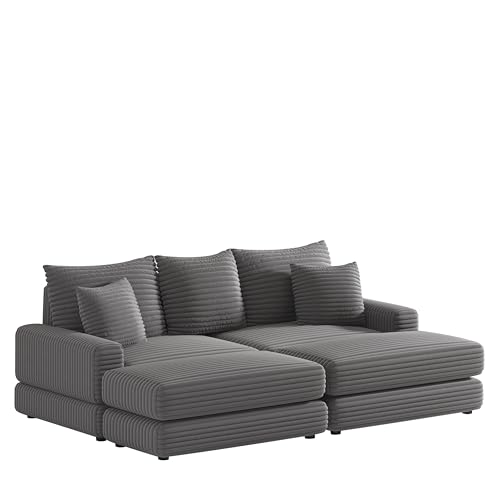 Yoglad Corduroy Fabric Modular Sectional Sofa,Cloud Loveseat,Comfy Deep Plush Couch with Ottomans and Toss Pillows,for Small Spaces, Living Room,Bedroom, Office(Grey)