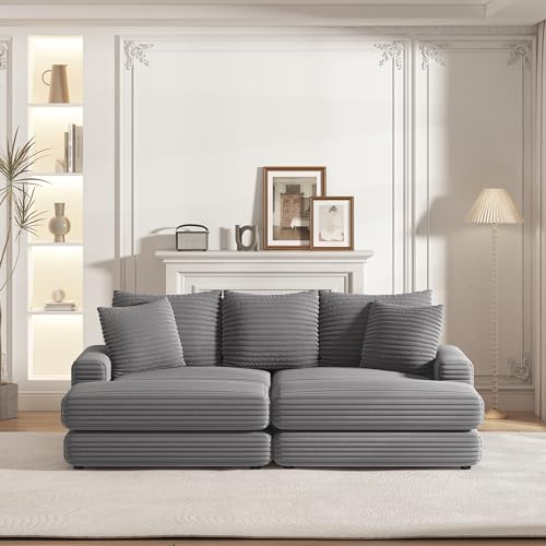 Yoglad Corduroy Fabric Modular Sectional Sofa,Cloud Loveseat,Comfy Deep Plush Couch with Ottomans and Toss Pillows,for Small Spaces, Living Room,Bedroom, Office(Grey)