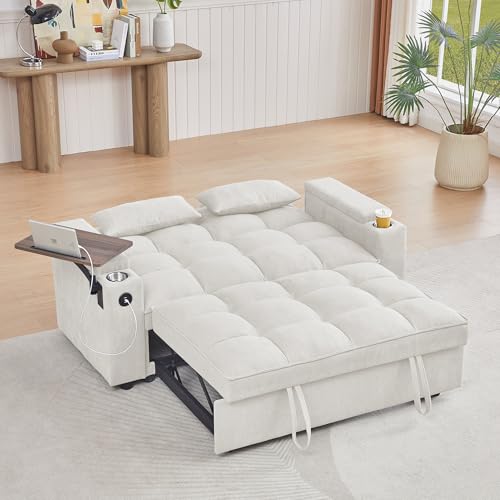 3 in 1 Convertible Pull Out Sleeper Sofa Bed ,64.96" Oversized Chenille Futon Loveseat Lounge Couch with Reclining Backrest ,Storage Armrest ,USB Port,Side Table and Cupholders for Living Room Office