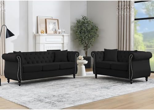 ATUMON 2 Piece Black Chesterfield Velvet 80" 3-Seater and 59" Loveseat Sofa Set,Button Tufted Nailhead Trimming Curved Backrest Rolled Arm with 4 Pillows for Living Room, Bedroom