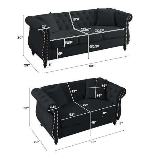 ATUMON 2 Piece Black Chesterfield Velvet 80" 3-Seater and 59" Loveseat Sofa Set,Button Tufted Nailhead Trimming Curved Backrest Rolled Arm with 4 Pillows for Living Room, Bedroom