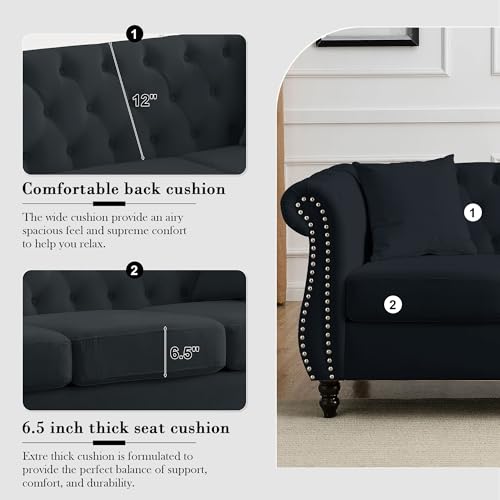 ATUMON 2 Piece Black Chesterfield Velvet 80" 3-Seater and 59" Loveseat Sofa Set,Button Tufted Nailhead Trimming Curved Backrest Rolled Arm with 4 Pillows for Living Room, Bedroom
