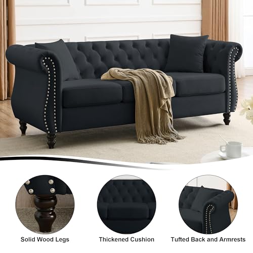 ATUMON 2 Piece Black Chesterfield Velvet 80" 3-Seater and 59" Loveseat Sofa Set,Button Tufted Nailhead Trimming Curved Backrest Rolled Arm with 4 Pillows for Living Room, Bedroom