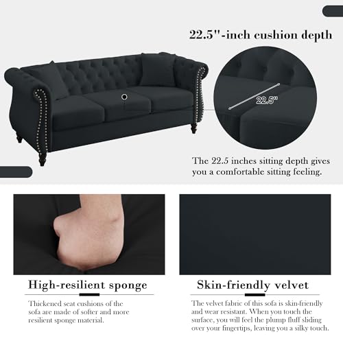 ATUMON 2 Piece Black Chesterfield Velvet 80" 3-Seater and 59" Loveseat Sofa Set,Button Tufted Nailhead Trimming Curved Backrest Rolled Arm with 4 Pillows for Living Room, Bedroom
