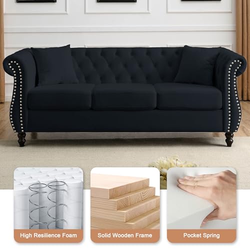 ATUMON 2 Piece Black Chesterfield Velvet 80" 3-Seater and 59" Loveseat Sofa Set,Button Tufted Nailhead Trimming Curved Backrest Rolled Arm with 4 Pillows for Living Room, Bedroom