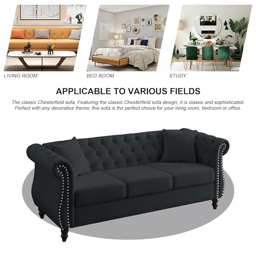 ATUMON 2 Piece Black Chesterfield Velvet 80" 3-Seater and 59" Loveseat Sofa Set,Button Tufted Nailhead Trimming Curved Backrest Rolled Arm with 4 Pillows for Living Room, Bedroom