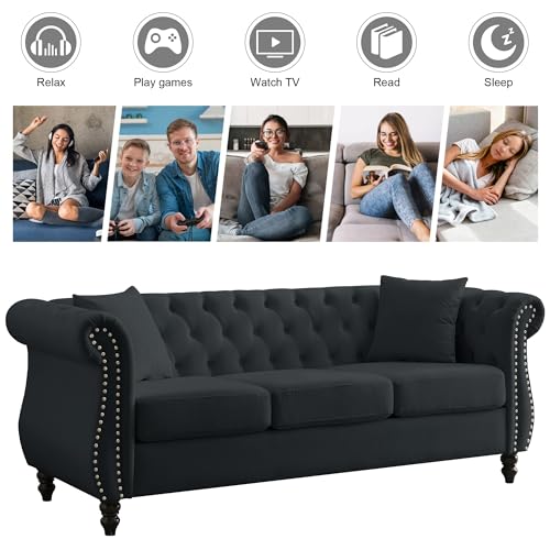 ATUMON 2 Piece Black Chesterfield Velvet 80" 3-Seater and 59" Loveseat Sofa Set,Button Tufted Nailhead Trimming Curved Backrest Rolled Arm with 4 Pillows for Living Room, Bedroom