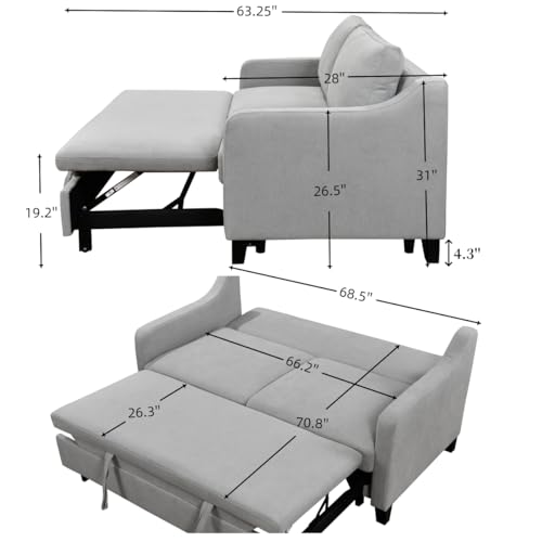 ZIGHTH 69-Inch Convertible Queen Size Sleeper Sofa Bed, Linen Loveseat Sofa Couch with Pull Out Bed and Adjustable Backrest for Living Room - Light Gray