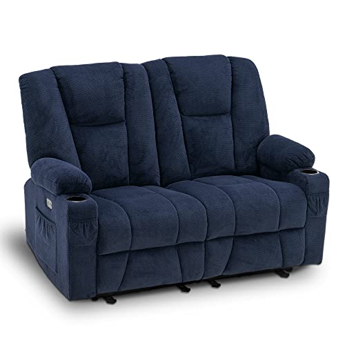 MCombo 61.8" Power Loveseat Recliner with Heat and Vibration, Fabric Electric Reclining Loveseat, USB Charge Port, Cup Holders for Living Room 6025 (Navy Blue)