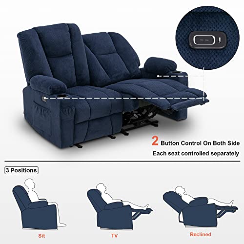 MCombo 61.8" Power Loveseat Recliner with Heat and Vibration, Fabric Electric Reclining Loveseat, USB Charge Port, Cup Holders for Living Room 6025 (Navy Blue)
