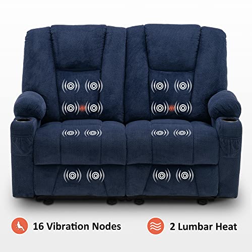 MCombo 61.8" Power Loveseat Recliner with Heat and Vibration, Fabric Electric Reclining Loveseat, USB Charge Port, Cup Holders for Living Room 6025 (Navy Blue)