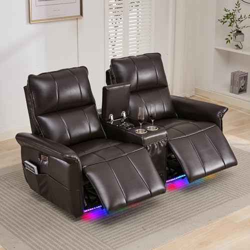 72" RV Loveseat Recliner Wall Hugger, Power Reclining Loveseat with Console, Double Recliner Loveseat Wall Hugger Loveseat Recliner with Power Strip/USB/Type C/Cup Holders/LED Light/Bluetooth Speaker