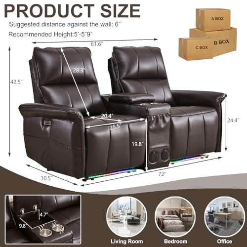 72" RV Loveseat Recliner Wall Hugger, Power Reclining Loveseat with Console, Double Recliner Loveseat Wall Hugger Loveseat Recliner with Power Strip/USB/Type C/Cup Holders/LED Light/Bluetooth Speaker