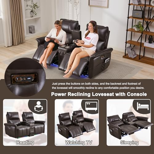 72" RV Loveseat Recliner Wall Hugger, Power Reclining Loveseat with Console, Double Recliner Loveseat Wall Hugger Loveseat Recliner with Power Strip/USB/Type C/Cup Holders/LED Light/Bluetooth Speaker