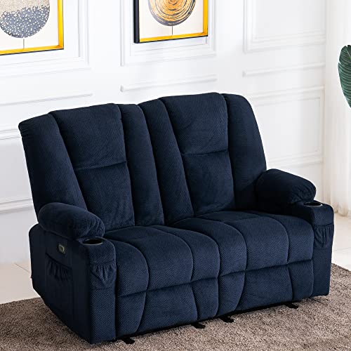 MCombo 61.8" Power Loveseat Recliner with Heat and Vibration, Fabric Electric Reclining Loveseat, USB Charge Port, Cup Holders for Living Room 6025 (Navy Blue)