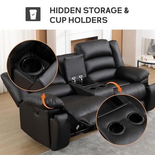 EBELLO Faux Leather Manual Loveseat Recliner, Reclining Sofa Chair with 2 Concealed Cup Holders, Hidden Storage, Overstuffed Armrest Couch Set for Living Room, Bedroom, Meeting Room(Loveseat)