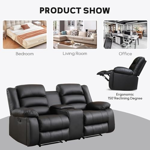 EBELLO Faux Leather Manual Loveseat Recliner, Reclining Sofa Chair with 2 Concealed Cup Holders, Hidden Storage, Overstuffed Armrest Couch Set for Living Room, Bedroom, Meeting Room(Loveseat)