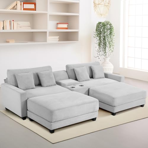 ROWHY Oversized Loveseat with 2 Ottomans, 112" Corduroy Couch with USB Charger and Storage Compartment, Modern Sofa Set with Cup Holders for Living Room and Office, Gray