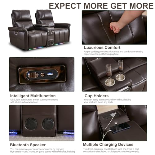 72" RV Loveseat Recliner Wall Hugger, Power Reclining Loveseat with Console, Double Recliner Loveseat Wall Hugger Loveseat Recliner with Power Strip/USB/Type C/Cup Holders/LED Light/Bluetooth Speaker