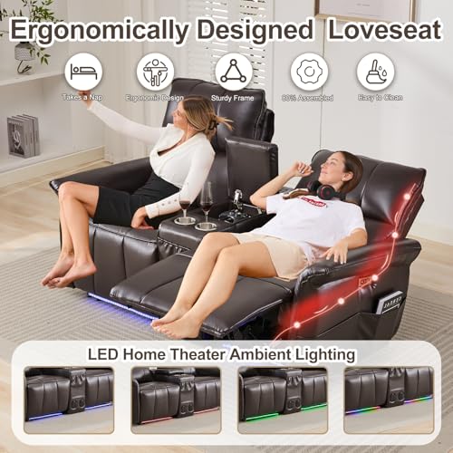 72" RV Loveseat Recliner Wall Hugger, Power Reclining Loveseat with Console, Double Recliner Loveseat Wall Hugger Loveseat Recliner with Power Strip/USB/Type C/Cup Holders/LED Light/Bluetooth Speaker