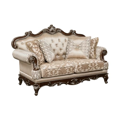 Lexicon Traditional Sofa Couch for Living Room, Rolled Arm Sofa with 5 Accent Pillows, Tufting, Queen Legs in Cherry Finish with Gold Tipping, Upholstered Living Room Furniture, 2 Seater Couch, Brown