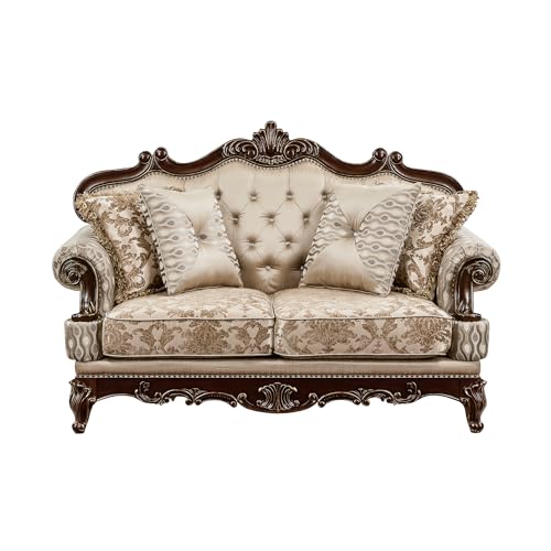 Lexicon Traditional Sofa Couch for Living Room, Rolled Arm Sofa with 5 Accent Pillows, Tufting, Queen Legs in Cherry Finish with Gold Tipping, Upholstered Living Room Furniture, 2 Seater Couch, Brown