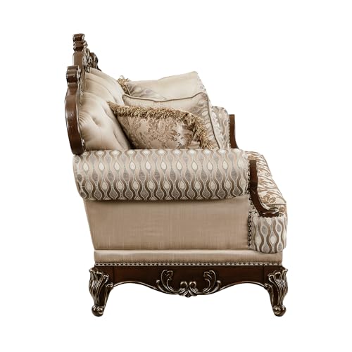 Lexicon Traditional Sofa Couch for Living Room, Rolled Arm Sofa with 5 Accent Pillows, Tufting, Queen Legs in Cherry Finish with Gold Tipping, Upholstered Living Room Furniture, 2 Seater Couch, Brown