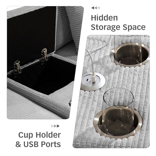 ROWHY Oversized Loveseat with 2 Ottomans, 112" Corduroy Couch with USB Charger and Storage Compartment, Modern Sofa Set with Cup Holders for Living Room and Office, Gray