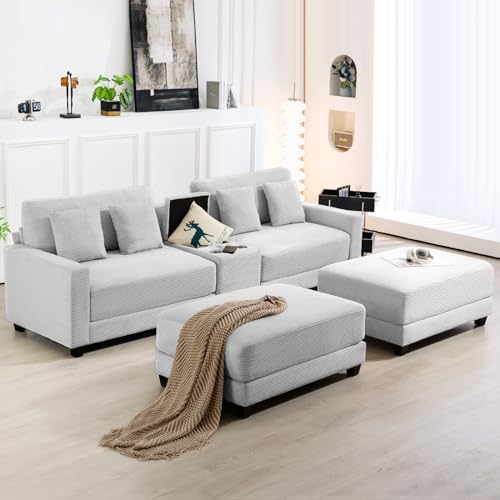 ROWHY Oversized Loveseat with 2 Ottomans, 112" Corduroy Couch with USB Charger and Storage Compartment, Modern Sofa Set with Cup Holders for Living Room and Office, Gray