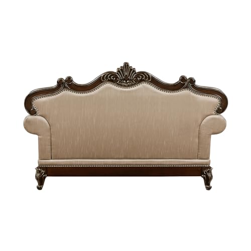 Lexicon Traditional Sofa Couch for Living Room, Rolled Arm Sofa with 5 Accent Pillows, Tufting, Queen Legs in Cherry Finish with Gold Tipping, Upholstered Living Room Furniture, 2 Seater Couch, Brown