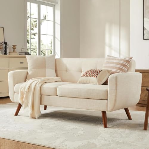Kingfun 2 Piece Loveseat and Sofa Sets, Mid Century Modern Decor Love Seat Couches for Living Room, Button Tufted Upholstered Furniture, Easy to Install Small Couch for Bedroom, Office, Beige