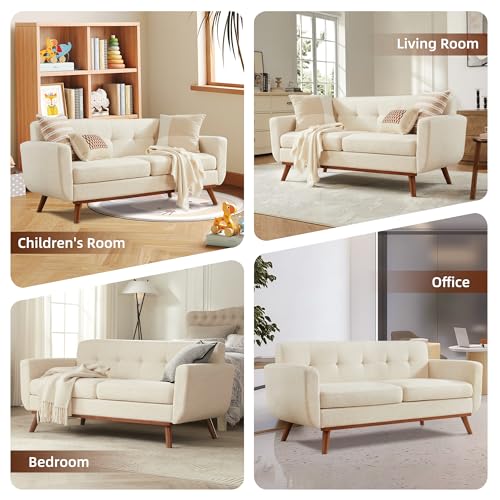 Kingfun 2 Piece Loveseat and Sofa Sets, Mid Century Modern Decor Love Seat Couches for Living Room, Button Tufted Upholstered Furniture, Easy to Install Small Couch for Bedroom, Office, Beige