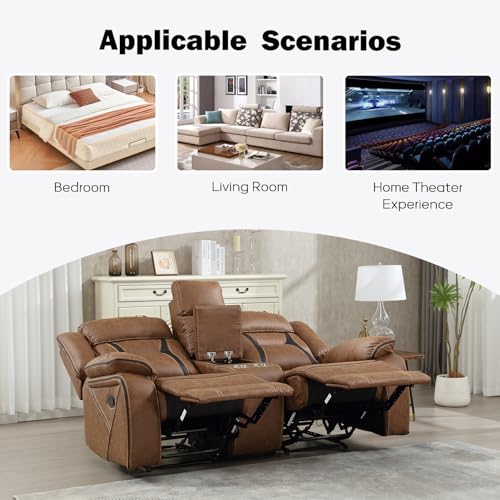 EBELLO Faux Leather Manual Loveseat Recliner, 2 Seat Reclining Sofa Chair with Center Console, Hidden Storage and Cup Holders, Daul Recliner for Living Room, Meeting Room, Brown (Loveseat)