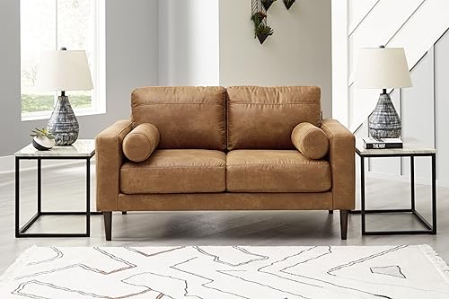 Signature Design by Ashley Telora Modern Faux Leather Loveseat with 2 Bolster Pillows, Dark Brown