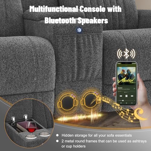 IROSTAE Loveseat Recliner Sofa with Console, RV Reclining Loveseat with Folding Side Table, Manual Love Seat Recliner Sofa with Bluetooth Speakers, Double Recliner Loveseat with USB Ports - Grey