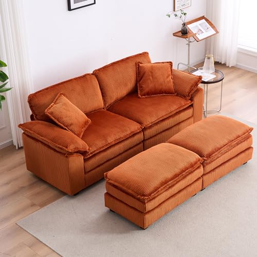 Aoowow Corduroy Loveseat Sofa Couch with Ottomans,Modular Sectional 2 Seater Sofa with Deep Seat,Modern Cloud Sofas with Throw Pillows for Living Room (Corduroy Burnt Orange, Loveseat with Ottoman)